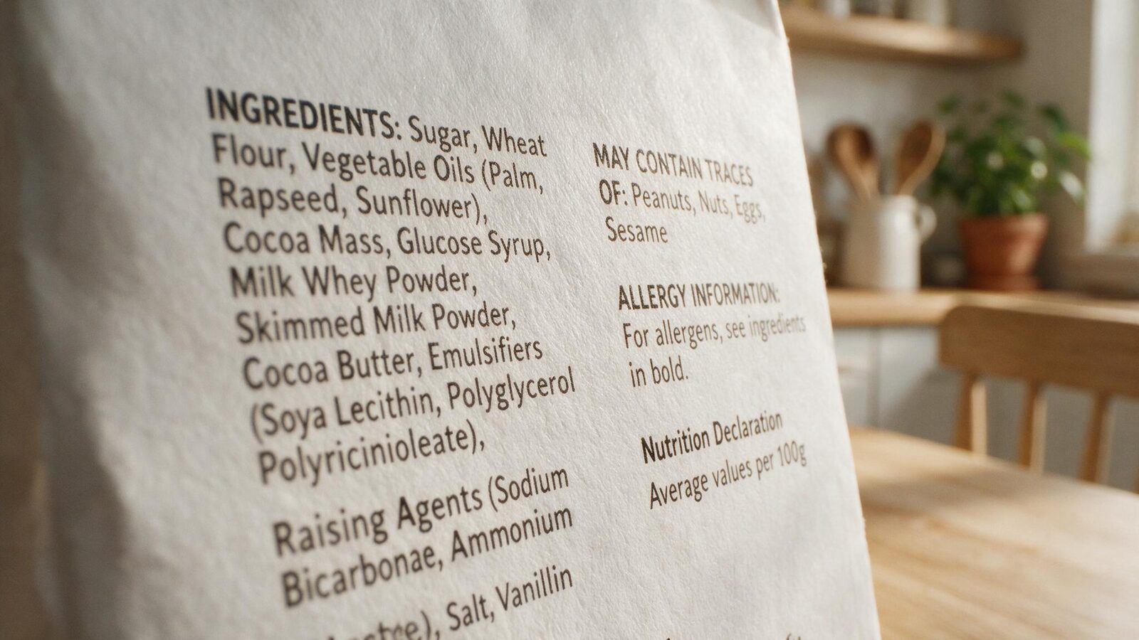 Close-up of the ingredients list printed on the back of a food package