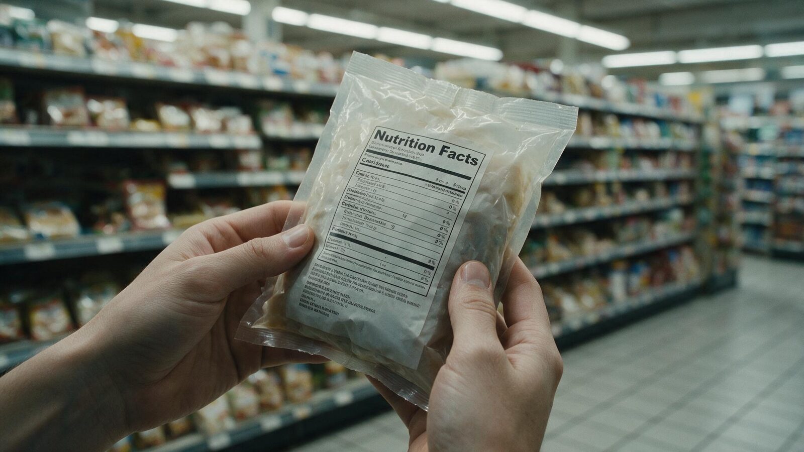 Hands reading the nutrition table on the back of a food package in a supermarket