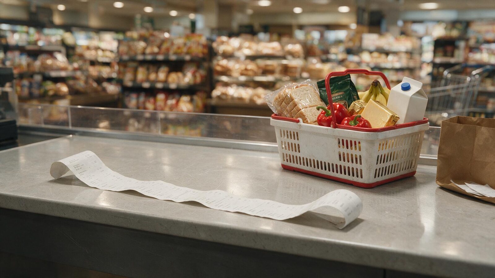 A long paper receipt on a supermarket checkout counter next to a basket