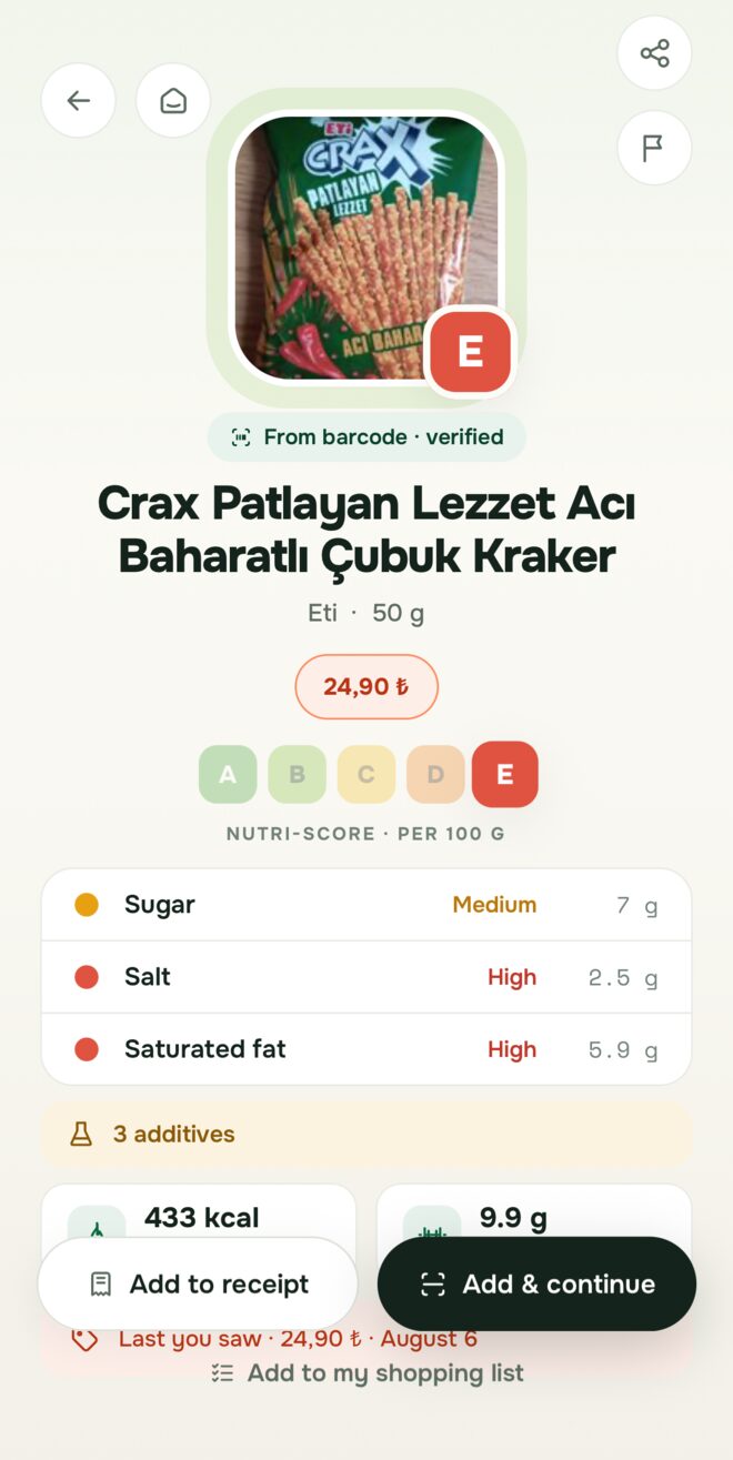 Totup product card: Nutri-Score, sugar, salt, saturated fat and price